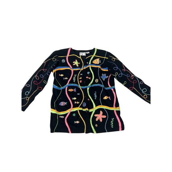 Michael Simon Lite Black Button Down  Top Size Small Fishes Whimsical Novelty - Picture 1 of 6